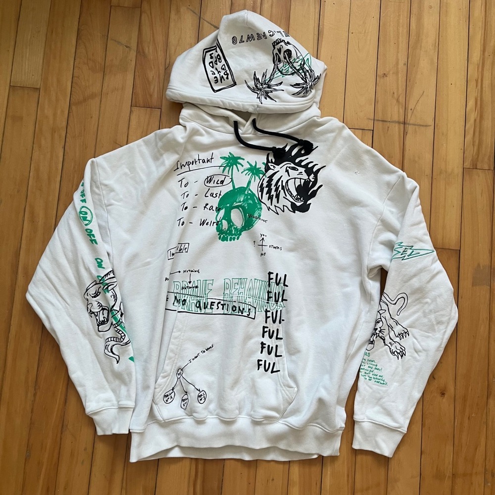 White Graphic Hoodie Skull Tiger Palm Trees Streetwear Sweatshirt Mens Size XL